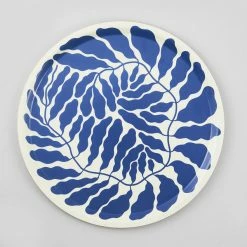 Wrap Blue Leaves Large Round Plywood Tray